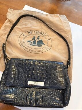 Brahmin Navy Croc-Embossed Leather Shoulder Bag